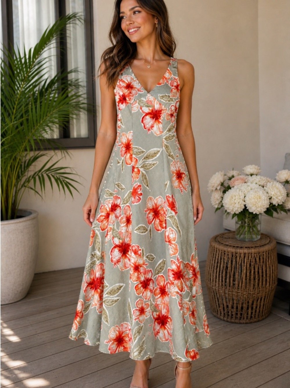 Paper Heart Boho Floral Midi Dress Green Orange Hibiscus XS NWT
